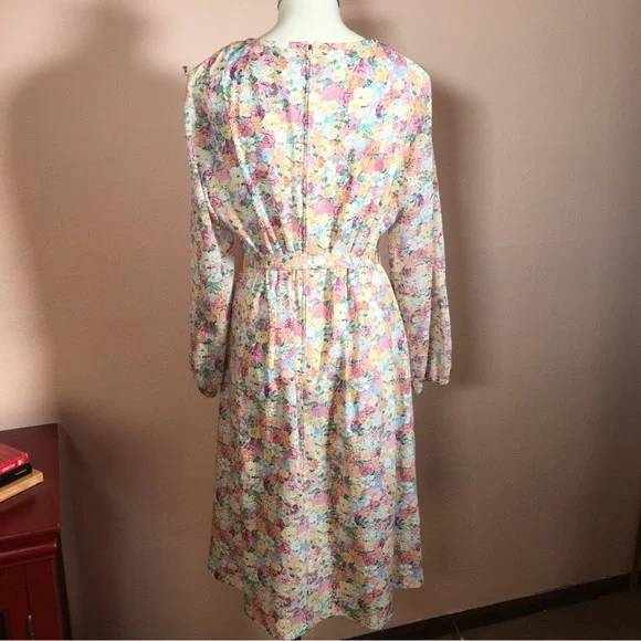 Vintage 60 70 Cottagecore Pastel Floral Peasant Midi Dress Poet sleeves - Picture 4 of 16